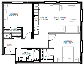 Floor plan for 2 beds, 1 bath, 915 sqft